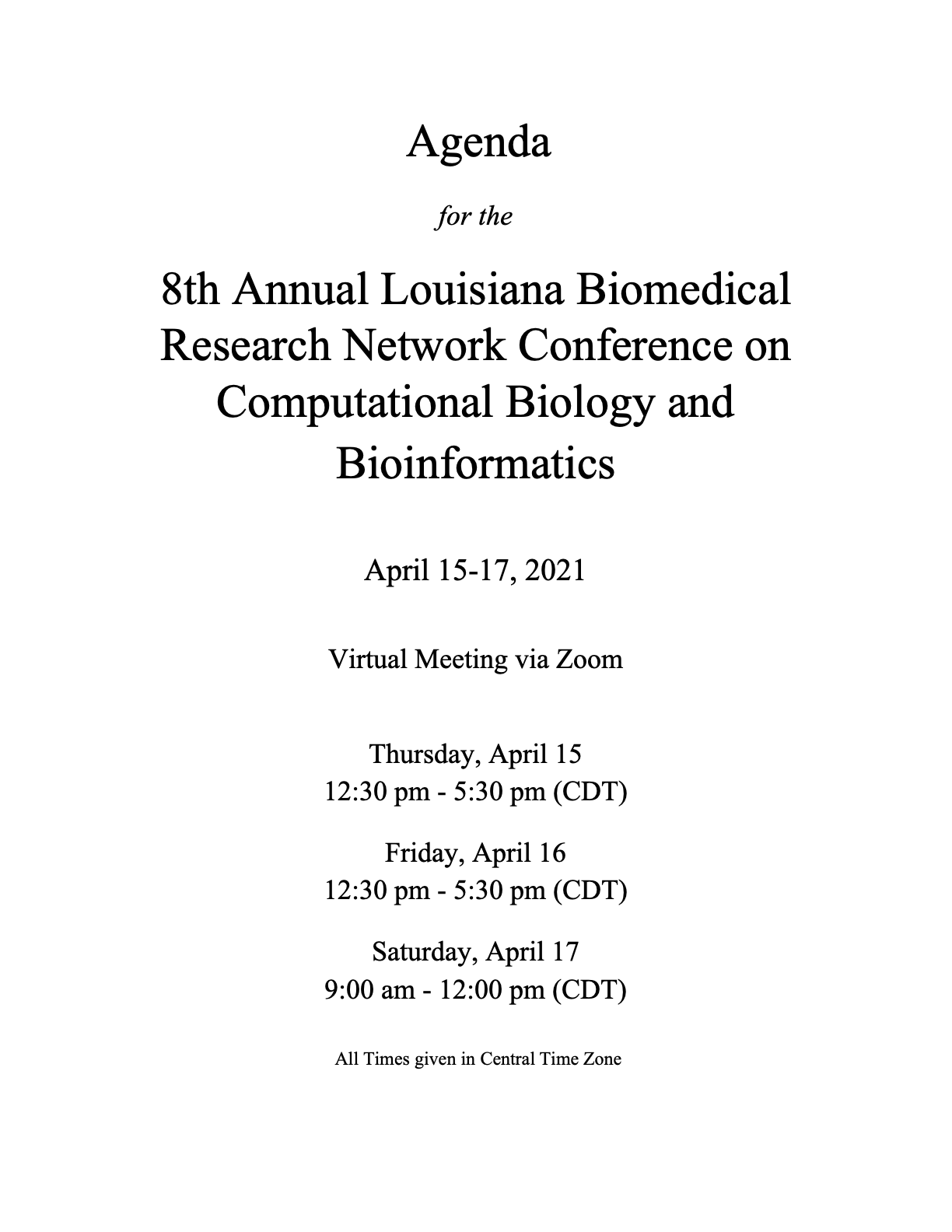2021 8th Annual LBRN Conference on Computational Biology and Bioinformatics Agenda and Program (2021-04-15)